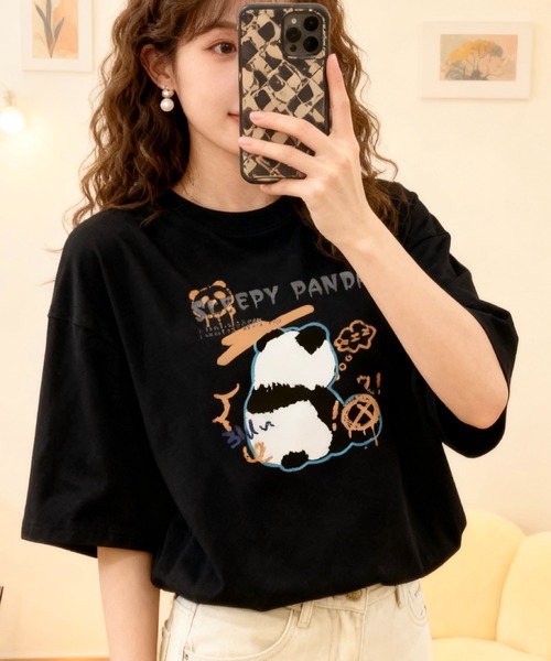 SHOUYO(ショウヨウ)の「ゆるっと着られるパンダモチーフTシャツ(Tシャツ/カットソー・レディース・ベージュ/ピンク/ブラック・M)」の5枚目の写真
