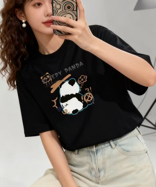 SHOUYO(ショウヨウ)の「ゆるっと着られるパンダモチーフTシャツ(Tシャツ/カットソー・レディース・ベージュ/ピンク/ブラック・M)」の6枚目の写真