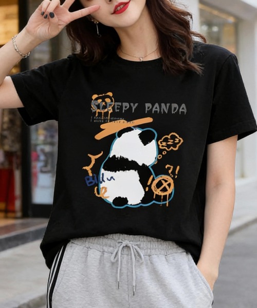SHOUYO(ショウヨウ)の「ゆるっと着られるパンダモチーフTシャツ(Tシャツ/カットソー・レディース・ベージュ/ピンク/ブラック・M)」の7枚目の写真