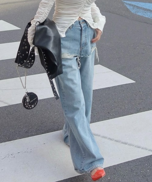 JOSE MOON(ジョゼムーン)の「【3サイズ展開】LAYERED LIKE DENIM PANTS/レイヤードライクデニムパンツ(デニムパンツ・レディース・チャコールグレー/ライトブルー・38/36/40)」の1枚目の写真