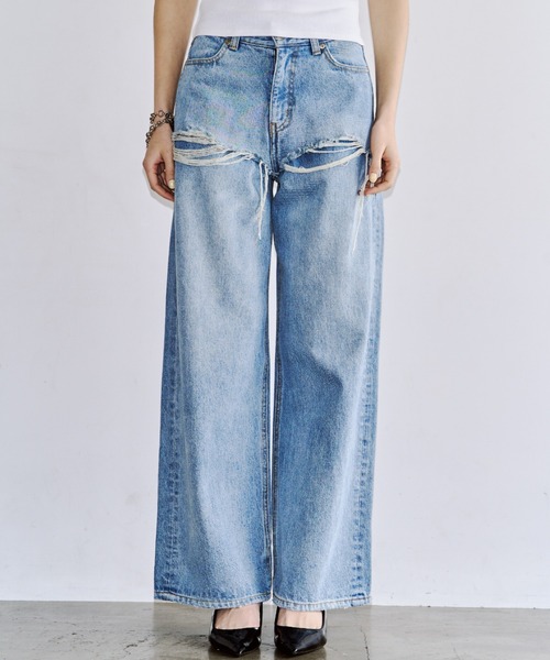 JOSE MOON(ジョゼムーン)の「【3サイズ展開】LAYERED LIKE DENIM PANTS/レイヤードライクデニムパンツ(デニムパンツ・レディース・チャコールグレー/ライトブルー・38/36/40)」の4枚目の写真