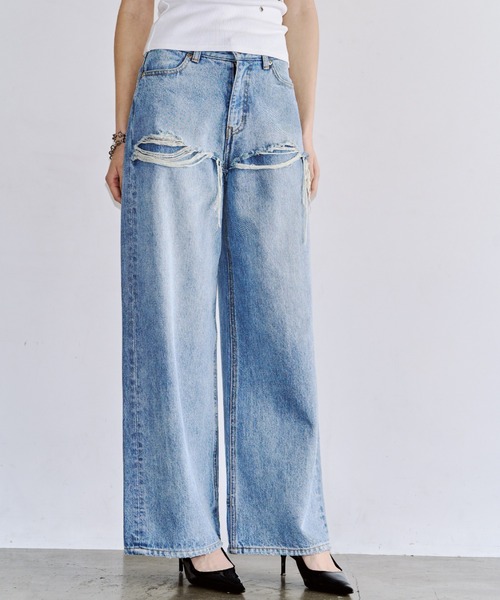 JOSE MOON(ジョゼムーン)の「【3サイズ展開】LAYERED LIKE DENIM PANTS/レイヤードライクデニムパンツ(デニムパンツ・レディース・チャコールグレー/ライトブルー・38/36/40)」の5枚目の写真