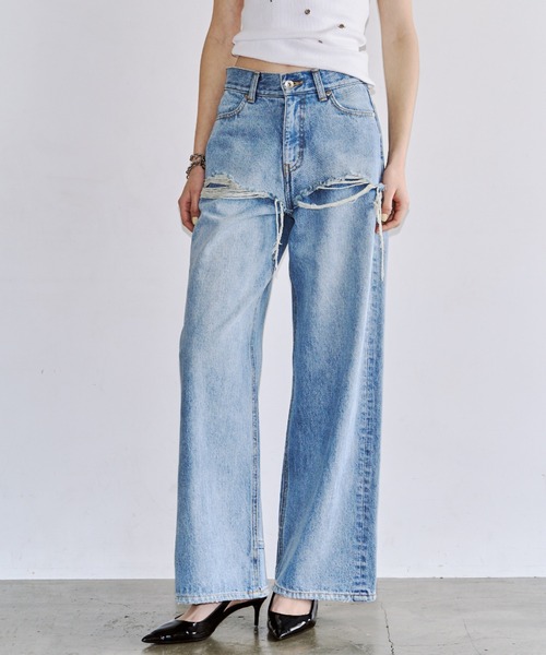 JOSE MOON(ジョゼムーン)の「【3サイズ展開】LAYERED LIKE DENIM PANTS/レイヤードライクデニムパンツ(デニムパンツ・レディース・チャコールグレー/ライトブルー・38/36/40)」の3枚目の写真