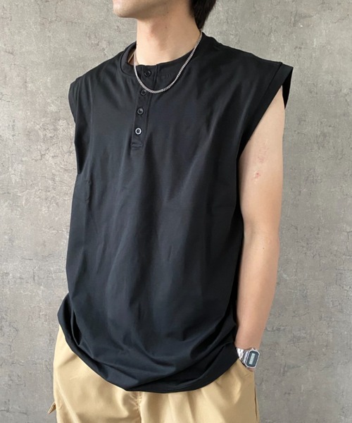 link lot(リンクロット)の「ヘンリーネックノースリーブトップス(Tシャツ/カットソー・メンズ・ホワイト/グレー/ブラック・M)」の5枚目の写真