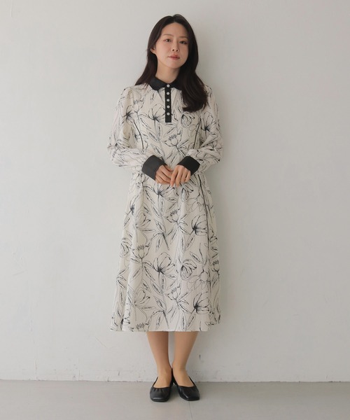 HER CLOSET（ハークローゼット）の「【HER CLOSET】【入卒式】ペンシルフラワープリントワンピース（シャツワンピース・レディース・ブラック/オフホワイト・FREE）」の3枚目の写真
