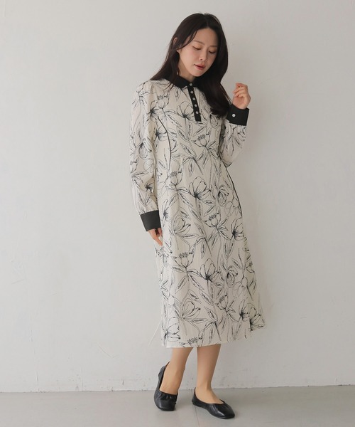 HER CLOSET（ハークローゼット）の「【HER CLOSET】【入卒式】ペンシルフラワープリントワンピース（シャツワンピース・レディース・ブラック/オフホワイト・FREE）」の5枚目の写真
