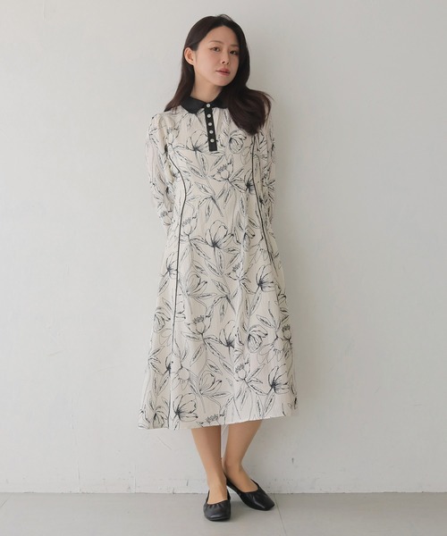 HER CLOSET（ハークローゼット）の「【HER CLOSET】【入卒式】ペンシルフラワープリントワンピース（シャツワンピース・レディース・ブラック/オフホワイト・FREE）」の4枚目の写真