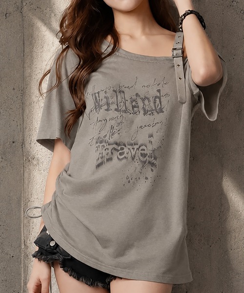 SPINNS（スピンズ）の「ベルト付きワンショルカットソー/ロゴ（Tシャツ/カットソー・レディース・ホワイト/チャコール/グレー・ONESIZE）」の2枚目の写真