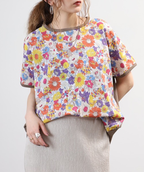 BRODIAEA 総花柄切り替え半袖Tシャツ カラフル 日本製（Tシャツ