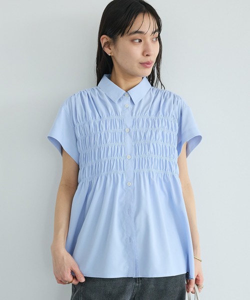 CRAFT STANDARD BOUTIQUE(クラフトスタンダードブティック)の「遮熱 シャーリングショートスリーブブラウス(シャツ/ブラウス・レディース・ベージュ/サックスブルー/オフホワイト・FREE)」の3枚目の写真