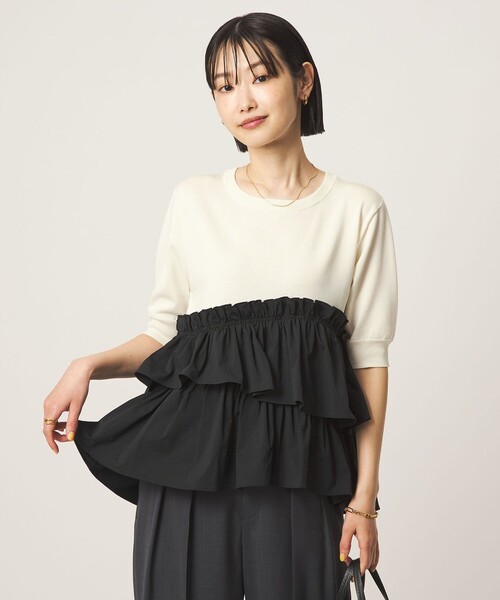 green label relaxing(グリーンレーベルリラクシング)の「ティアード ドッキング 5分袖 プルオーバー ニット(ニット/セーター・レディース・その他1/モカ/ブラック・FREE)」の3枚目の写真