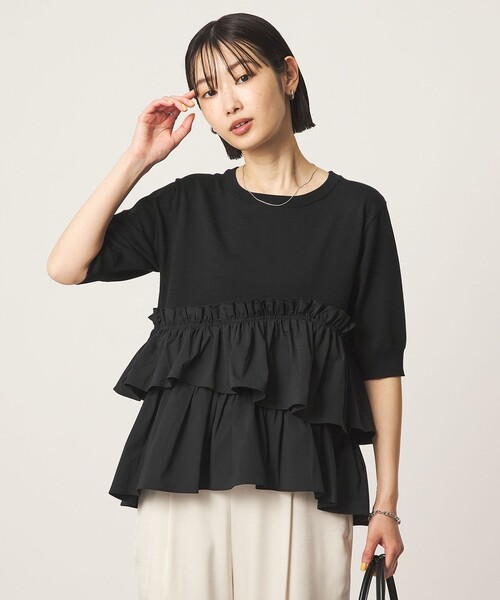 green label relaxing(グリーンレーベルリラクシング)の「ティアード ドッキング 5分袖 プルオーバー ニット(ニット/セーター・レディース・その他1/モカ/ブラック・FREE)」の1枚目の写真