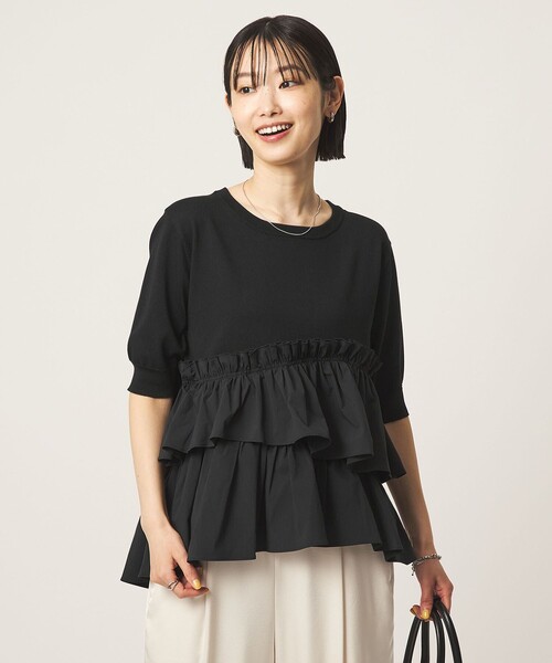 green label relaxing(グリーンレーベルリラクシング)の「ティアード ドッキング 5分袖 プルオーバー ニット(ニット/セーター・レディース・その他1/モカ/ブラック・FREE)」の5枚目の写真