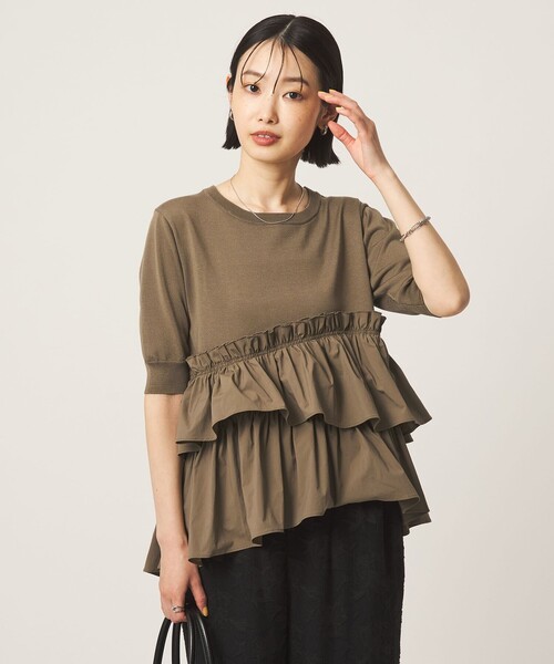 green label relaxing(グリーンレーベルリラクシング)の「ティアード ドッキング 5分袖 プルオーバー ニット(ニット/セーター・レディース・その他1/モカ/ブラック・FREE)」の11枚目の写真