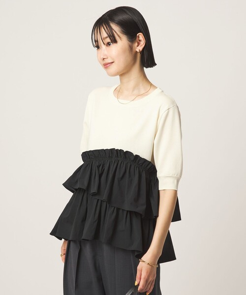 green label relaxing(グリーンレーベルリラクシング)の「ティアード ドッキング 5分袖 プルオーバー ニット(ニット/セーター・レディース・その他1/モカ/ブラック・FREE)」の16枚目の写真