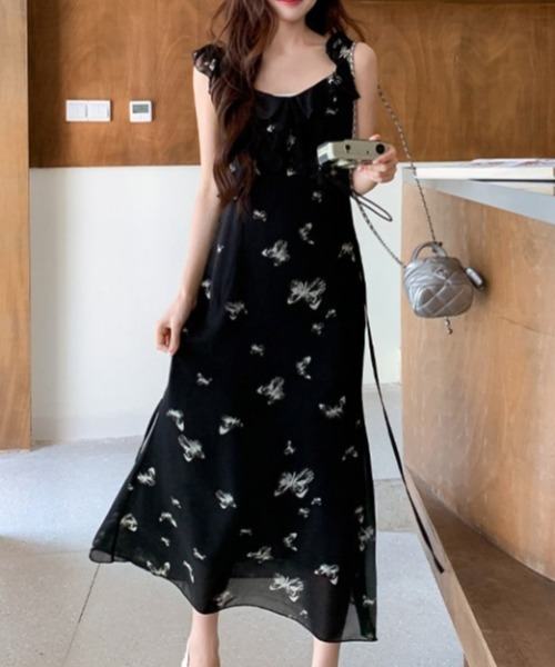 AMAJI(アマジ)の「フレンチ風バタフライ柄キャミソールワンピース(ワンピース・レディース・ブラック・X-LARGE/LARGE/MEDIUM/SMALL)」の6枚目の写真