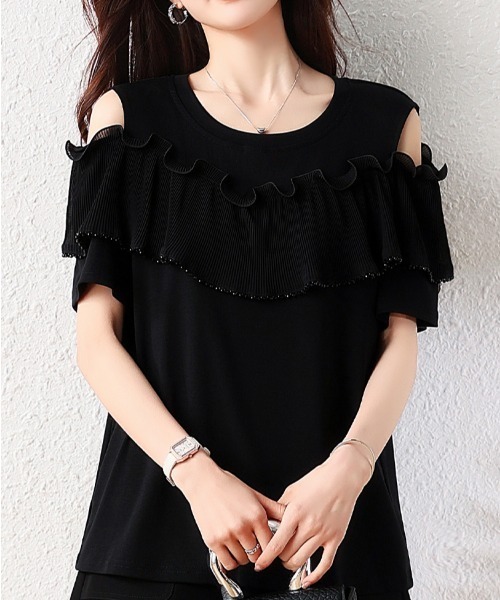 LUCPY(ラクピー)の「フリルデザインオープンショルダートップス(その他トップス・レディース・ブラック・XXX-LARGE/XX-LARGE/X-LARGE/LARGE)」の2枚目の写真