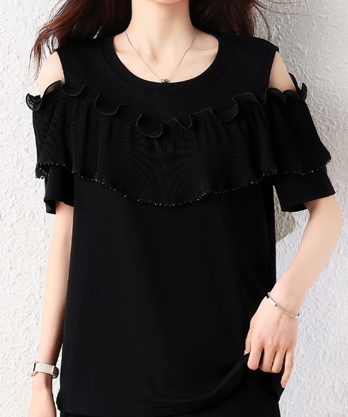 LUCPY(ラクピー)の「フリルデザインオープンショルダートップス(その他トップス・レディース・ブラック・XXX-LARGE/XX-LARGE/X-LARGE/LARGE)」の4枚目の写真