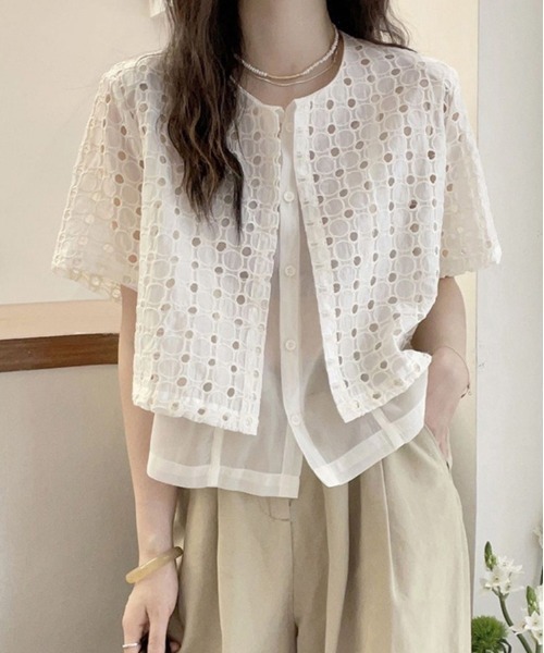 LUCPY(ラクピー)の「シアーレース半袖カーディガンアンサンブル(カーディガン/ボレロ・レディース・ホワイト・MEDIUM/LARGE/X-LARGE/XX-LARGE)」の1枚目の写真