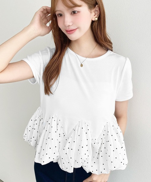 moment+(モーメントプラス)の「裾ウェーブバルーン半袖Tシャツ(Tシャツ/カットソー・レディース・ホワイト系2/ブラック系1/ホワイト系/オフホワイト/ブラック/ホワイト系3/ブラック系・M)」の3枚目の写真