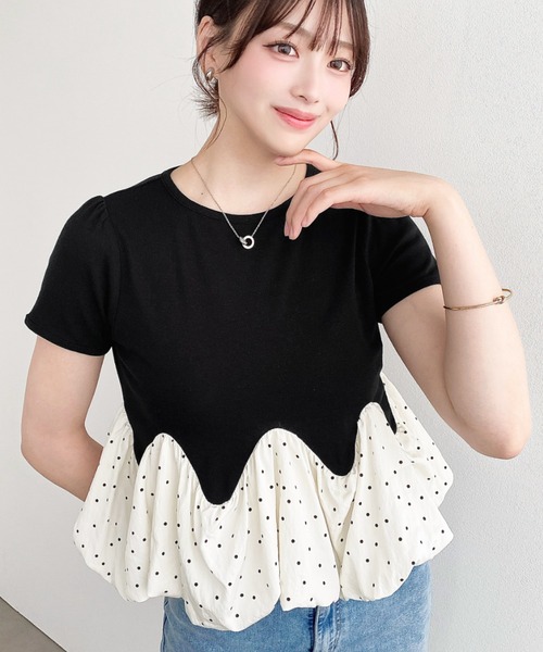 moment+(モーメントプラス)の「裾ウェーブバルーン半袖Tシャツ(Tシャツ/カットソー・レディース・ホワイト系2/ブラック系1/ホワイト系/オフホワイト/ブラック/ホワイト系3/ブラック系・M)」の6枚目の写真