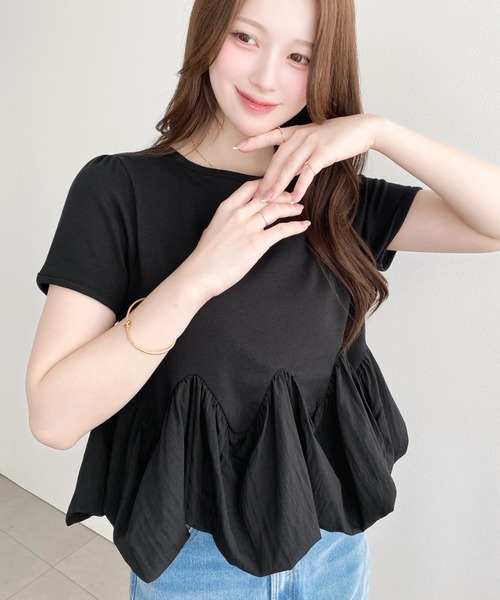 moment+(モーメントプラス)の「裾ウェーブバルーン半袖Tシャツ(Tシャツ/カットソー・レディース・ホワイト系2/ブラック系1/ホワイト系/オフホワイト/ブラック/ホワイト系3/ブラック系・M)」の5枚目の写真