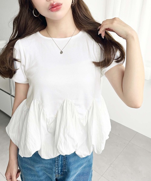 moment+(モーメントプラス)の「裾ウェーブバルーン半袖Tシャツ(Tシャツ/カットソー・レディース・ホワイト系2/ブラック系1/ホワイト系/オフホワイト/ブラック/ホワイト系3/ブラック系・M)」の8枚目の写真