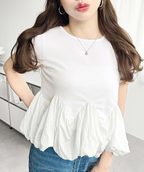 moment+(モーメントプラス)の「裾ウェーブバルーン半袖Tシャツ(Tシャツ/カットソー・レディース・ホワイト系2/ブラック系1/ホワイト系/オフホワイト/ブラック/ホワイト系3/ブラック系・M)」の10枚目の写真