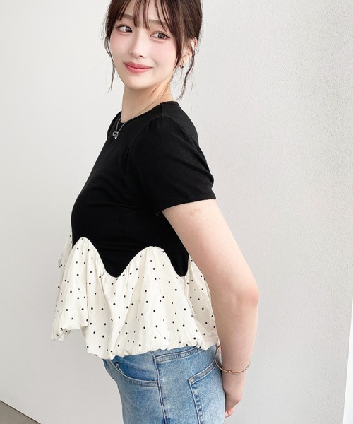 moment+(モーメントプラス)の「裾ウェーブバルーン半袖Tシャツ(Tシャツ/カットソー・レディース・ホワイト系2/ブラック系1/ホワイト系/オフホワイト/ブラック/ホワイト系3/ブラック系・M)」の21枚目の写真