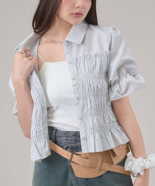 apres jour mignon(アプレジュールミニョン)の「シャーリングパフスリーブシャツ(シャツ/ブラウス・レディース・ネイビー/オフホワイト/ブルー系その他/ブラウン系その他・LARGE/フリー)」の16枚目の写真