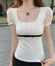 【Y2Kガーリー】 フラワーレース オフショルダー フレアスリーブ フロントリボン 半袖ブラウス