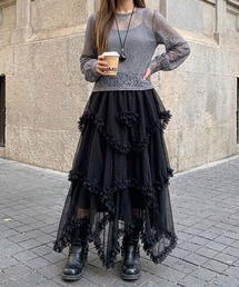 ふんわりフリルレース アシンメトリー ロングスカート
