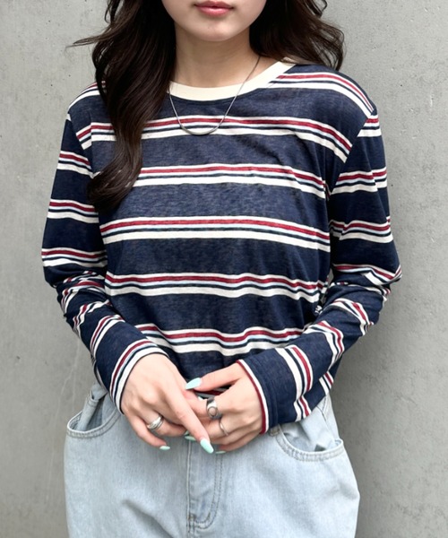 CLEA(クレア)の「ボーダーリンガーネックシアートップス(Tシャツ/カットソー・レディース・ネイビー/ホワイト・FREE)」の2枚目の写真