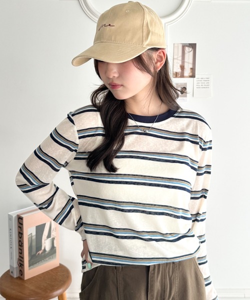 CLEA(クレア)の「ボーダーリンガーネックシアートップス(Tシャツ/カットソー・レディース・ネイビー/ホワイト・FREE)」の4枚目の写真