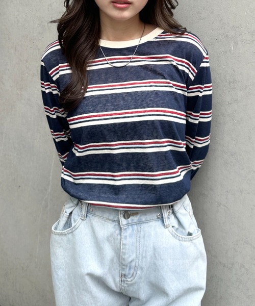 CLEA(クレア)の「ボーダーリンガーネックシアートップス(Tシャツ/カットソー・レディース・ネイビー/ホワイト・FREE)」の11枚目の写真