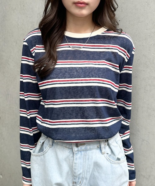 CLEA(クレア)の「ボーダーリンガーネックシアートップス(Tシャツ/カットソー・レディース・ネイビー/ホワイト・FREE)」の10枚目の写真