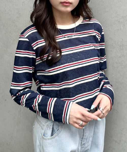 CLEA(クレア)の「ボーダーリンガーネックシアートップス(Tシャツ/カットソー・レディース・ネイビー/ホワイト・FREE)」の9枚目の写真