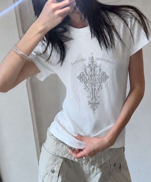 DAMISH(ダミシュ)の「エンジェルクロスシルケットコットンTシャツ_ホワイト(Tシャツ/カットソー・レディース・ホワイト・OS)」の1枚目の写真