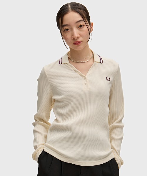 FRED PERRY(フレッドペリー)の「Twin Tipped Ribbed Polo Shirt/ツインティップリブポロシャツ(ポロシャツ・レディース・ネイビー/ベージュ・10/8)」の2枚目の写真