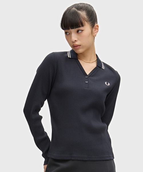 FRED PERRY(フレッドペリー)の「Twin Tipped Ribbed Polo Shirt/ツインティップリブポロシャツ(ポロシャツ・レディース・ネイビー/ベージュ・10/8)」の1枚目の写真