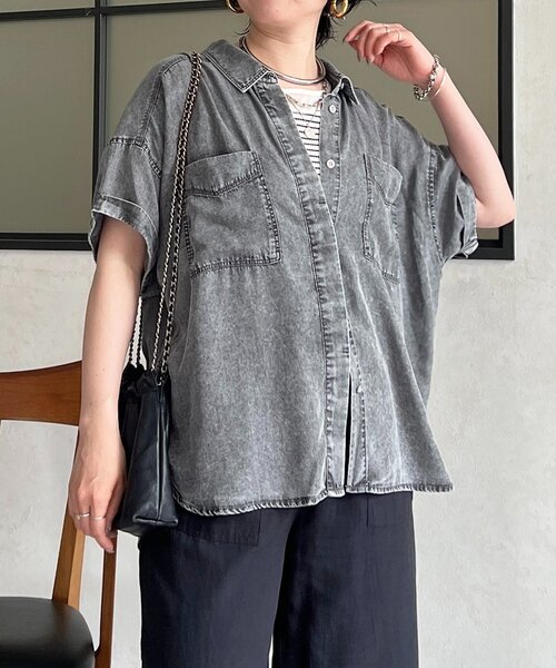 un dix cors(アンディコール)の「デニム半袖シャツ(シャツ/ブラウス・レディース・グレー/インディゴブルー/サックスブルー・FREE)」の11枚目の写真