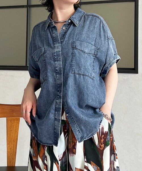 un dix cors(アンディコール)の「デニム半袖シャツ(シャツ/ブラウス・レディース・グレー/インディゴブルー/サックスブルー・FREE)」の22枚目の写真
