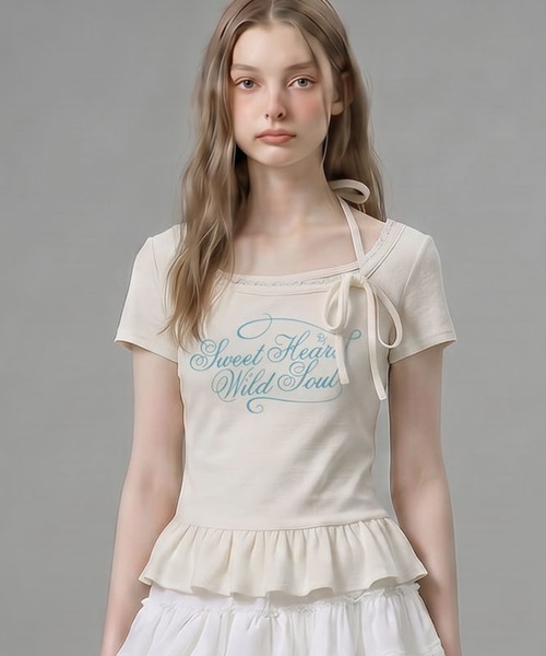 HOOK（フック）の「HOOK for girls ペプラムロゴプリントレイヤード風スクエアネック半袖トップス (SS)（その他トップス・レディース・グレー/オフホワイト・FREE）」の2枚目の写真
