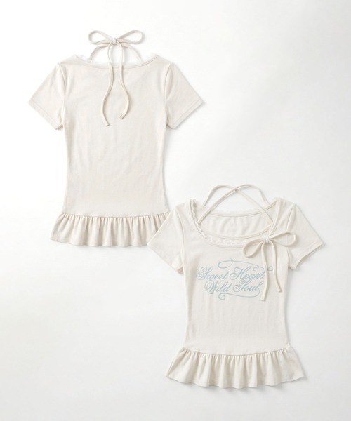 HOOK（フック）の「HOOK for girls ペプラムロゴプリントレイヤード風スクエアネック半袖トップス (SS)（その他トップス・レディース・グレー/オフホワイト・FREE）」の3枚目の写真