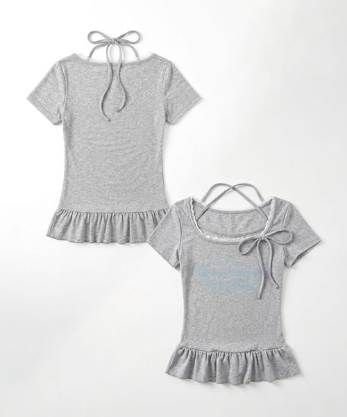 HOOK（フック）の「HOOK for girls ペプラムロゴプリントレイヤード風スクエアネック半袖トップス (SS)（その他トップス・レディース・グレー/オフホワイト・FREE）」の4枚目の写真