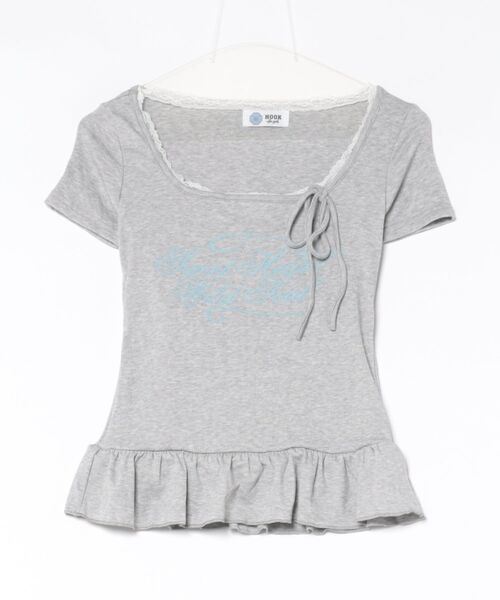 HOOK（フック）の「HOOK for girls ペプラムロゴプリントレイヤード風スクエアネック半袖トップス (SS)（その他トップス・レディース・グレー/オフホワイト・FREE）」の18枚目の写真