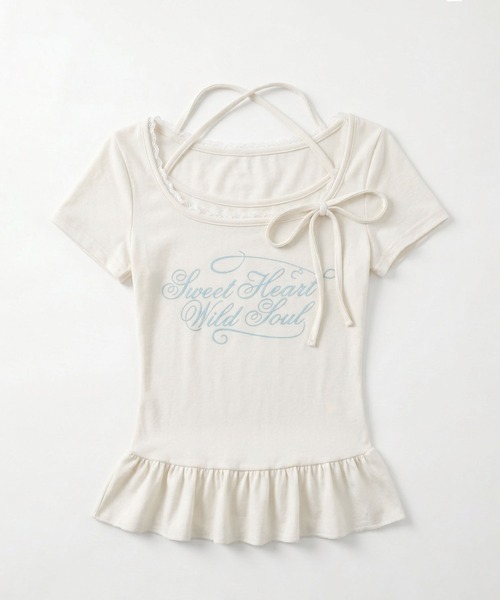 HOOK（フック）の「HOOK for girls ペプラムロゴプリントレイヤード風スクエアネック半袖トップス (SS)（その他トップス・レディース・グレー/オフホワイト・FREE）」の13枚目の写真