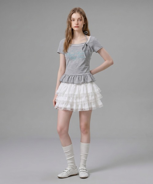HOOK（フック）の「HOOK for girls ペプラムロゴプリントレイヤード風スクエアネック半袖トップス (SS)（その他トップス・レディース・グレー/オフホワイト・FREE）」の5枚目の写真