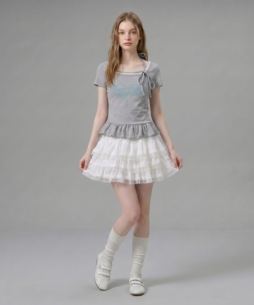 HOOK（フック）の「HOOK for girls ペプラムロゴプリントレイヤード風スクエアネック半袖トップス (SS)（その他トップス・レディース・グレー/オフホワイト・FREE）」の6枚目の写真