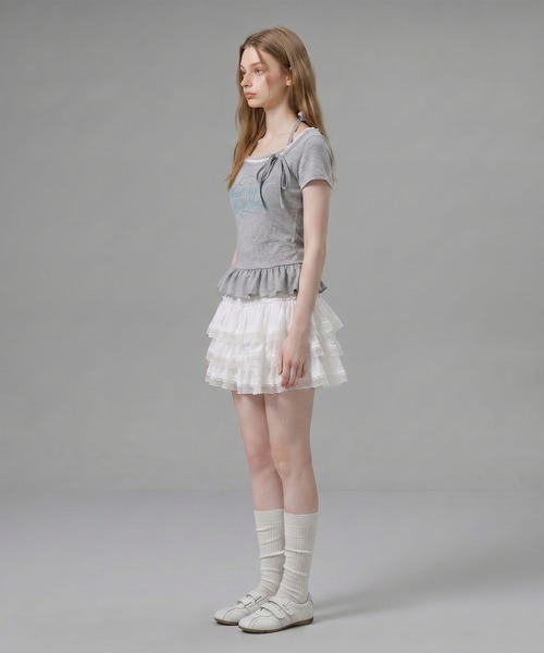 HOOK（フック）の「HOOK for girls ペプラムロゴプリントレイヤード風スクエアネック半袖トップス (SS)（その他トップス・レディース・グレー/オフホワイト・FREE）」の7枚目の写真